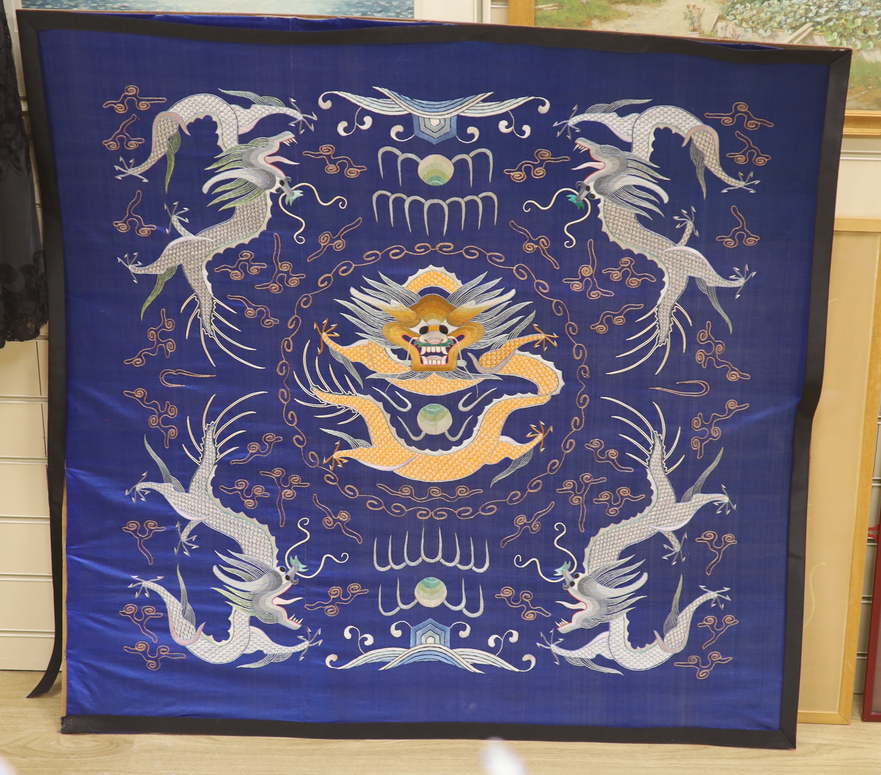 A square Chinese embroidered panel, 108cm